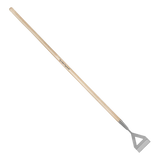Garden hoe with wooden handle and metal head on a white background