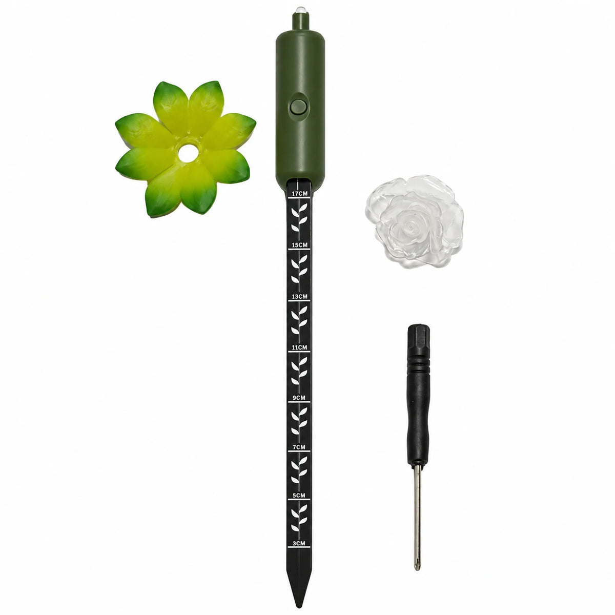 plastic flowers with the sensor being shown with the screwdriver that is needed. Displayed on white background
