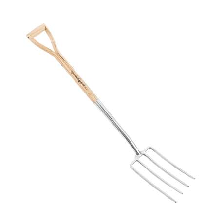 Garden digging fork with long wooden handle