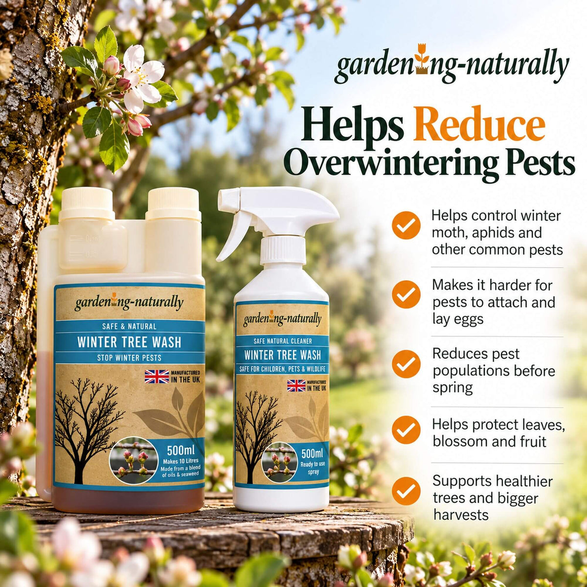 Two bottles Winter Tree Wash with  text about benefits.