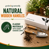 Gardening Naturally gift set featuring stainless steel hand cultivator and transplanter with wooden handles