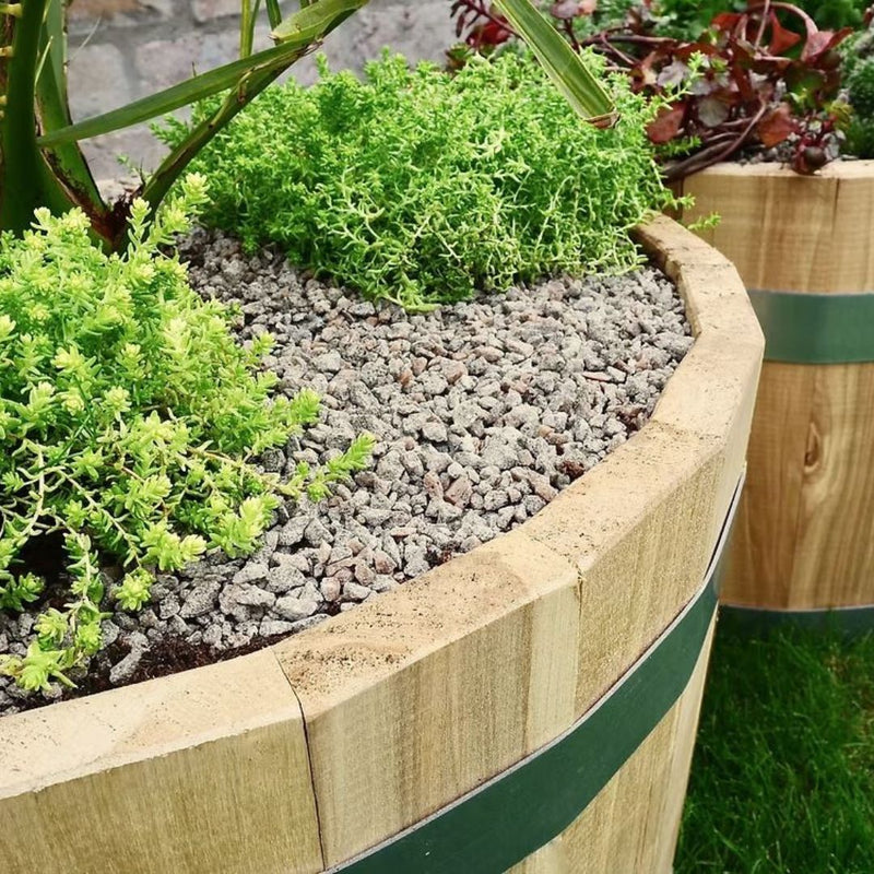 Wooden planter with green plants and decorative stones