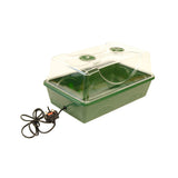 Green Electric Propagator with plug on a white background and air vents in clear lid