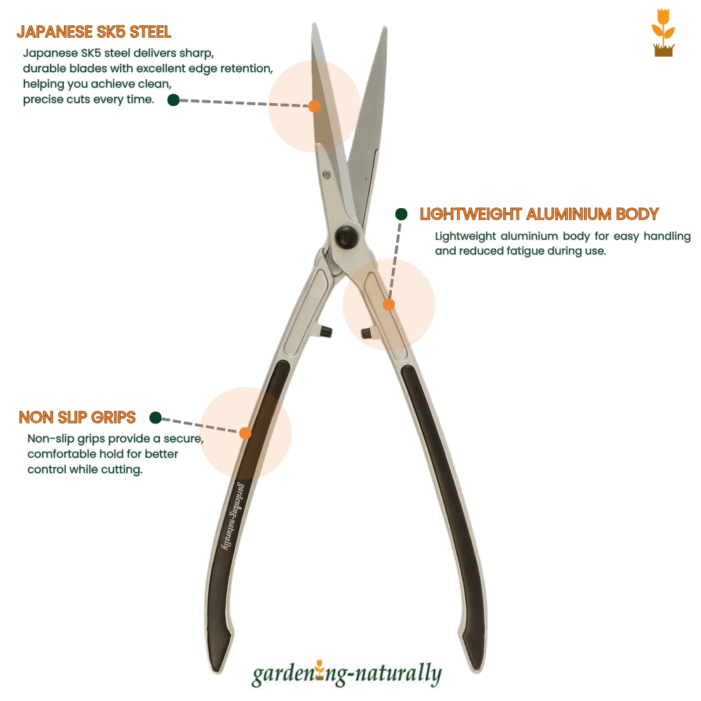 Garden shears with text highlighting features on a white background