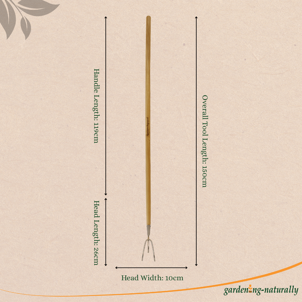 Long Cultivator garden tool dimensions with arrows on a natural background