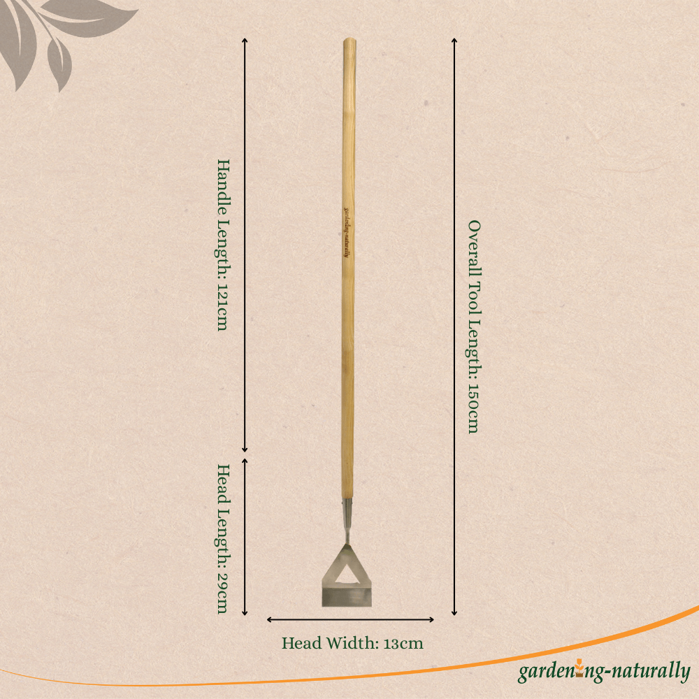 Long Handled Garden Hoe dimensions diagram on a light background and gardening naturally logo