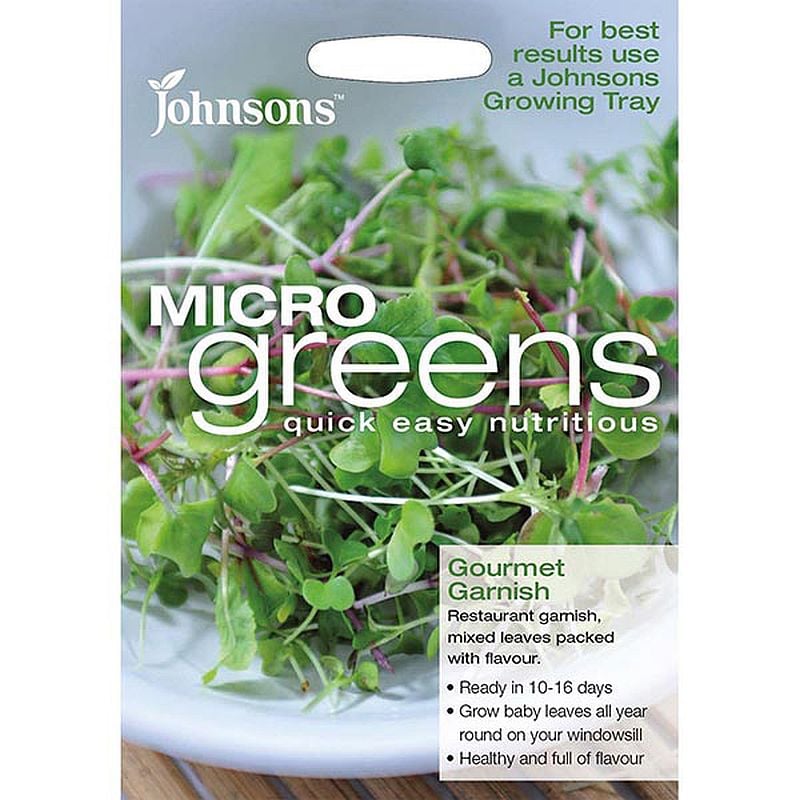 Packaging of Johnsons Micro Greens seeds with a picture of mixed leafy micro greens.
