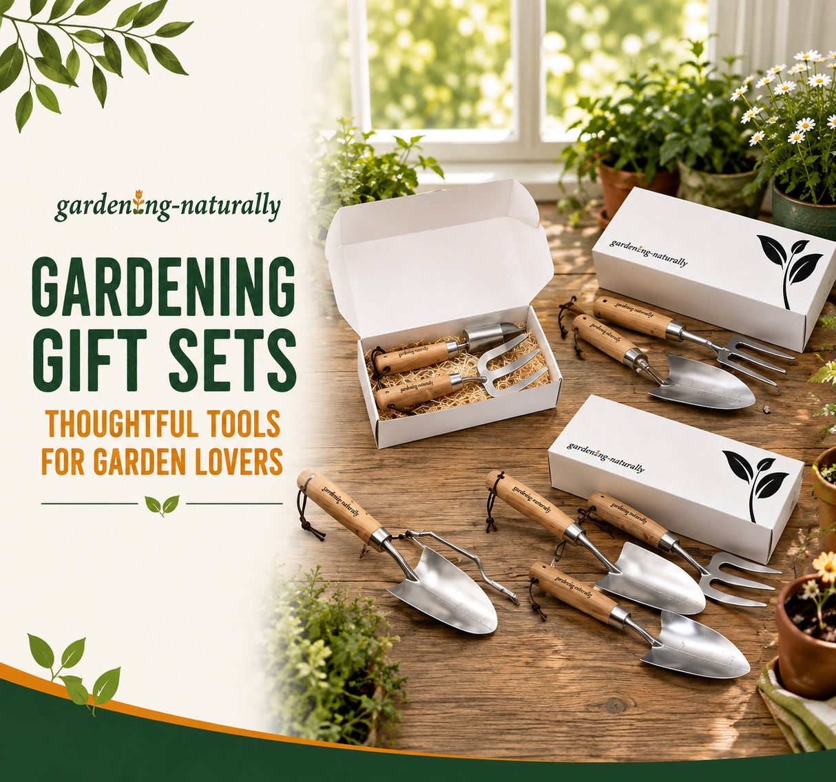 Gardening Naturally gardening gift sets with stainless steel hand tools and wooden handles in gift boxes