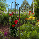 obelisk with climbing flowers in garden