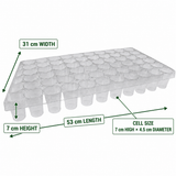 Clear 60-cell orchid seed tray measuring 53 cm long, 31 cm wide and 7 cm high, with cells measuring 7 cm high and 4.5 cm in diameter.
