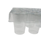 A set of clear plastic cups arranged in a tray, with a transparent plastic lid or cover resting on top, shown against a plain white background.