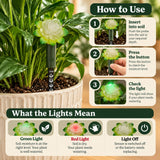 'How to Use', shows three numbered steps with photos of a hand inserting the black stake into a potted plant and pressing a button.
