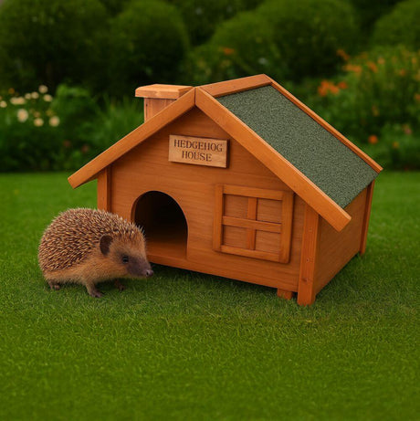 Wooden hedgehog house with a hedgehog in front on a green background