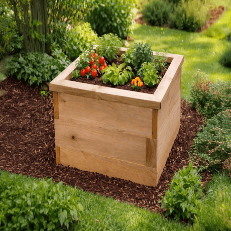 Wooden raised garden bed with plants in a garden with vegetables in in the soil