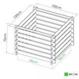 Dimensions of compost bin with measurements in centimeters on a white background