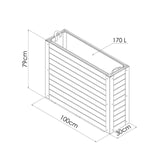 Dimensions of a rectangular planter box with dimensions labeled on a white background