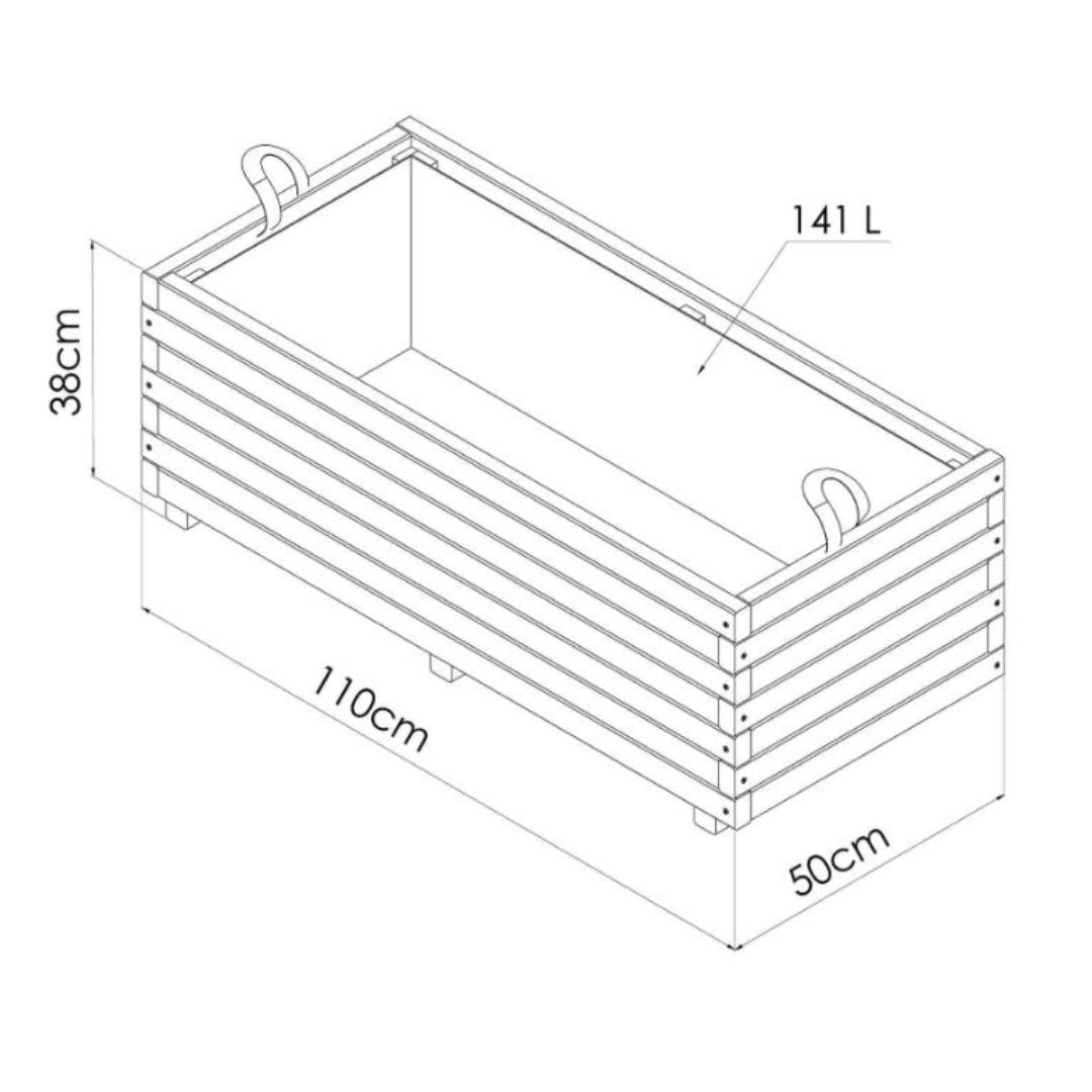 Dimensions of a rectangular wooden planter box with measurements in centimeters.