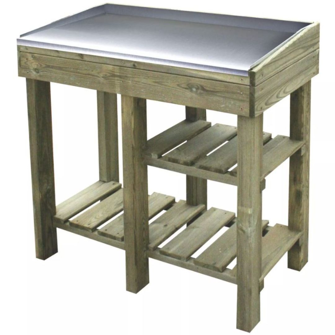 potting table brown wood with a metal top