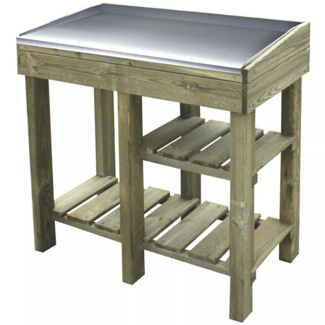 potting table brown wood with a metal top