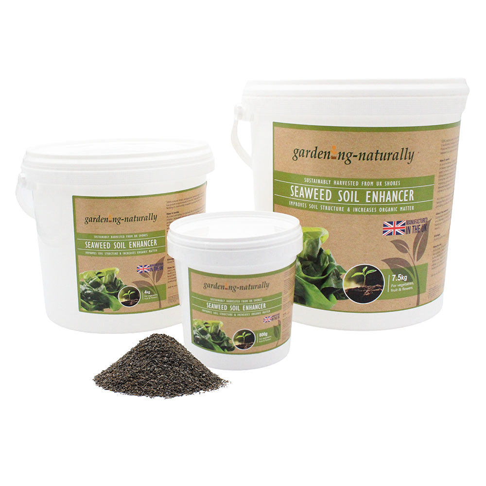 Seaweed soil conditioner in 4kg, 7.5kg and 8kg tubs for improving soil health and supporting plant growth.
