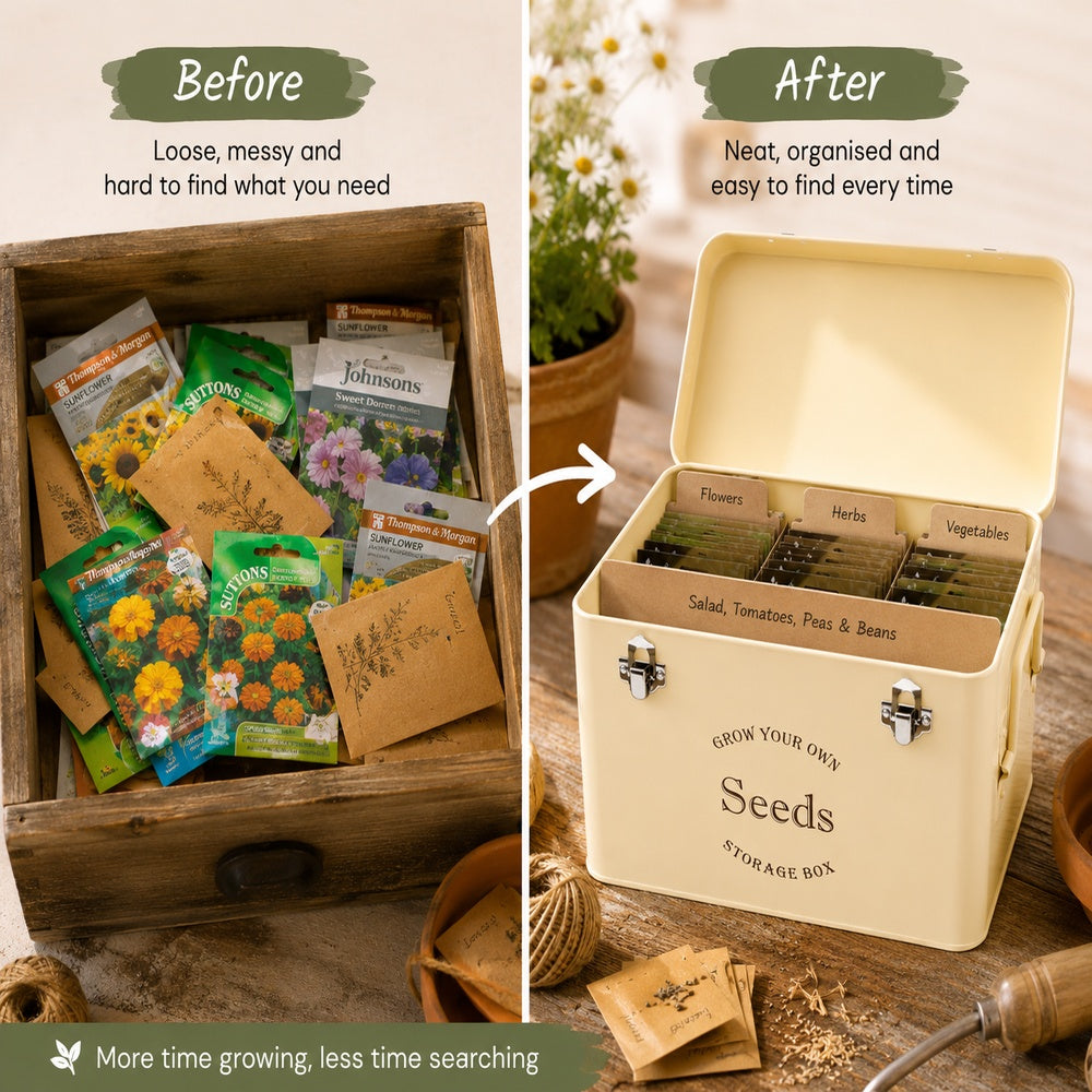 seed tin showing organised seed packets
