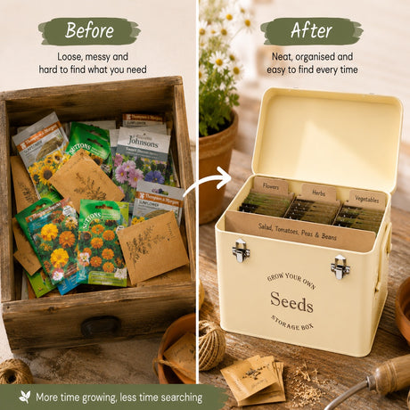 seed tin showing organised seed packets