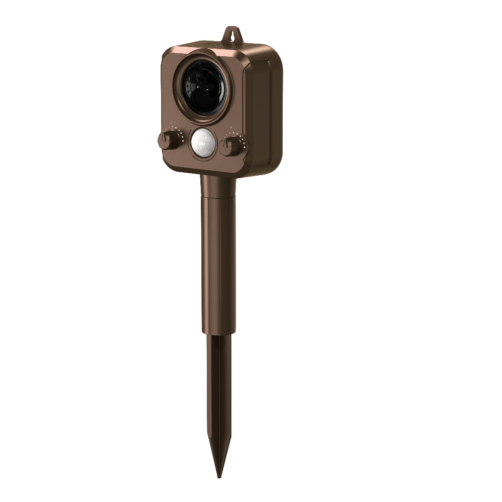 Brown outdoorfox repeller with a stake on a white background