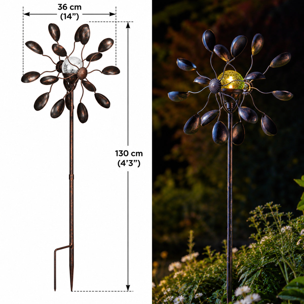 Solar winder spinner with the measurements with light on at night time.  