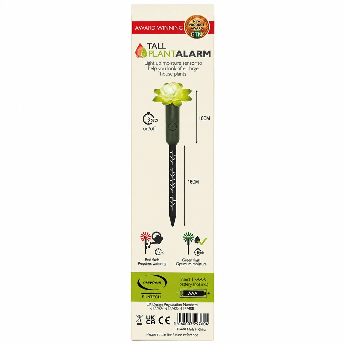 Back of the packaging, showing the sensor measurement's.
