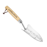 Gardening trowel with wooden handle and measurement markings