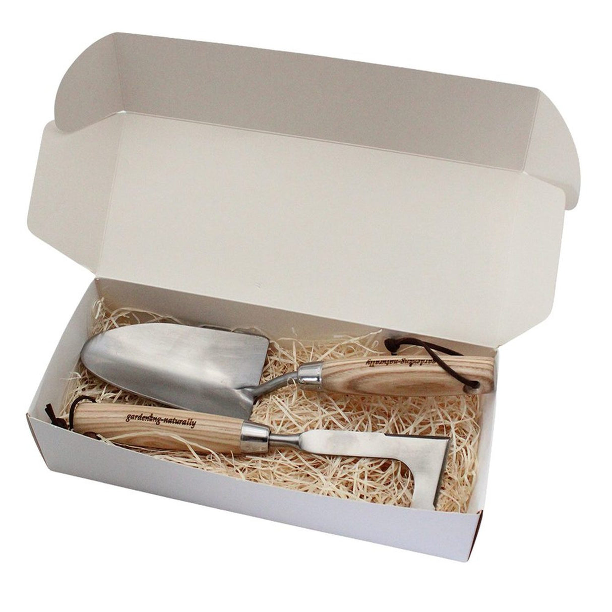 Stainless steel hand trowel and weeding knife garden gift set in presentation box