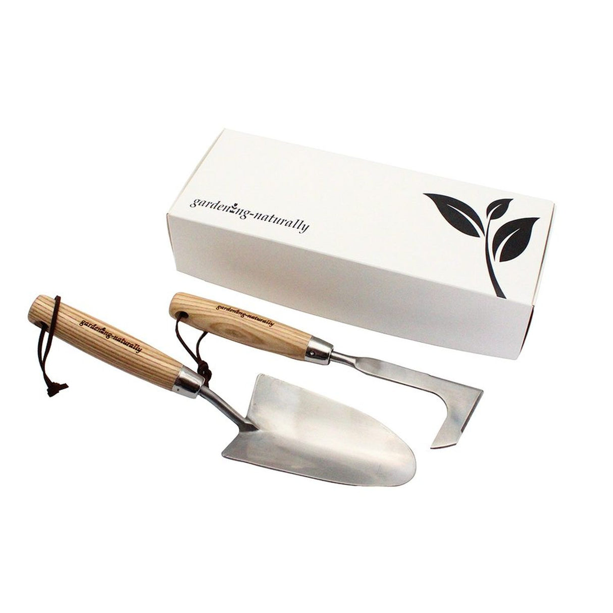 Garden hand trowel and weeding knife gift set with ash wood handles