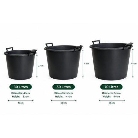 3 black tub with sizes on, on white background