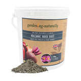 10kg tub of volcanic rock dust soil improver with loose rock dust shown.