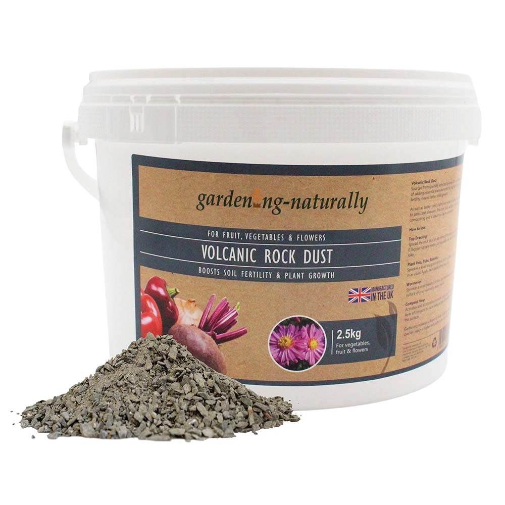 2.5kg tub of volcanic rock dust soil improver with loose rock dust shown.