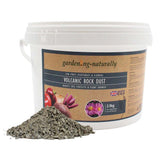 2.5kg tub of volcanic rock dust soil improver with loose rock dust shown.