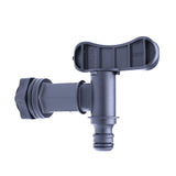 Black plastic water butt tap on a white background