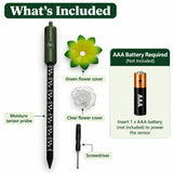 The image shows the black and olive green pen-style sensor probe, a green flower-shaped cover, a clear flower-shaped cover.
