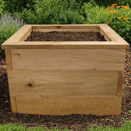 Wooden planter Raised bed with soil in a garden setting
