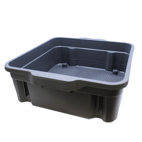Gray plastic container with drainage holes on a white background