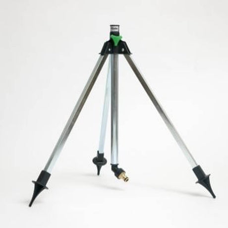 An adjustable garden sprinkler tripod with a green and silver finish, featuring a telescopic riser and hose quick click inlet.