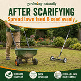spreading seed across a lawn after using the scarifier