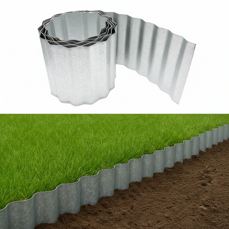 Metal landscape border with grass and soil background