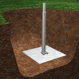 Metal pole with base plate embedded in soil