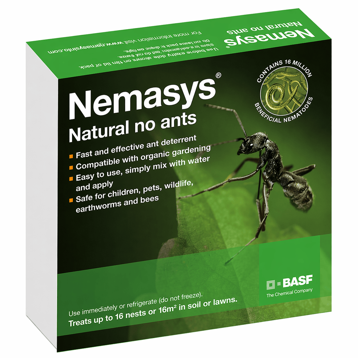 Box of Nemasys natural no ants product with an image of an ant on the front, indicating it is used for controlling ant nests.