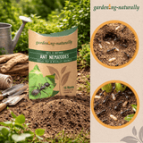 Package of ant nematodes with images of ants and soil, set against a garden background.