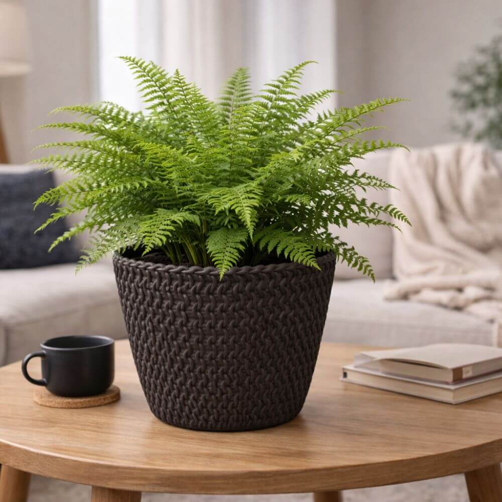 Potted fern in an anthricite pot on a wooden coffee table in a living room setting