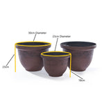Recycled Antique Effect Planter Set Brown 3 Piece showing sizes on white background