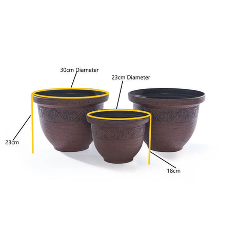 Recycled Antique Effect Planter Set Brown 3 Piece showing sizes on white background