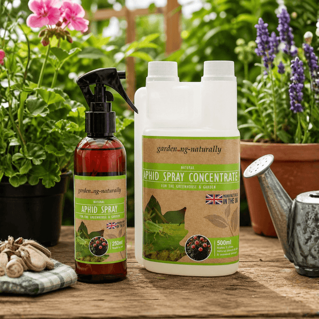 Garden spray bottles with labels on a wooden table with plants in the background